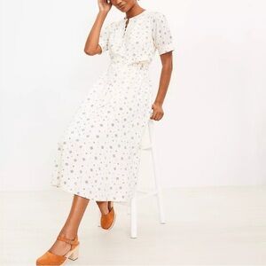 LOFT Geo Puff Sleeve White Midi Dress
